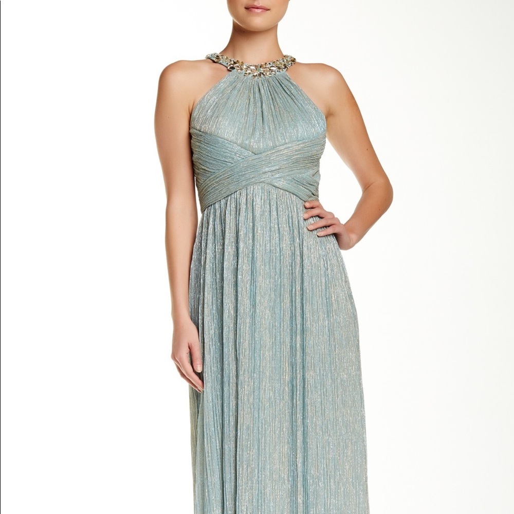 JS Boutique Draped Metallic Knit Gown Turquoise